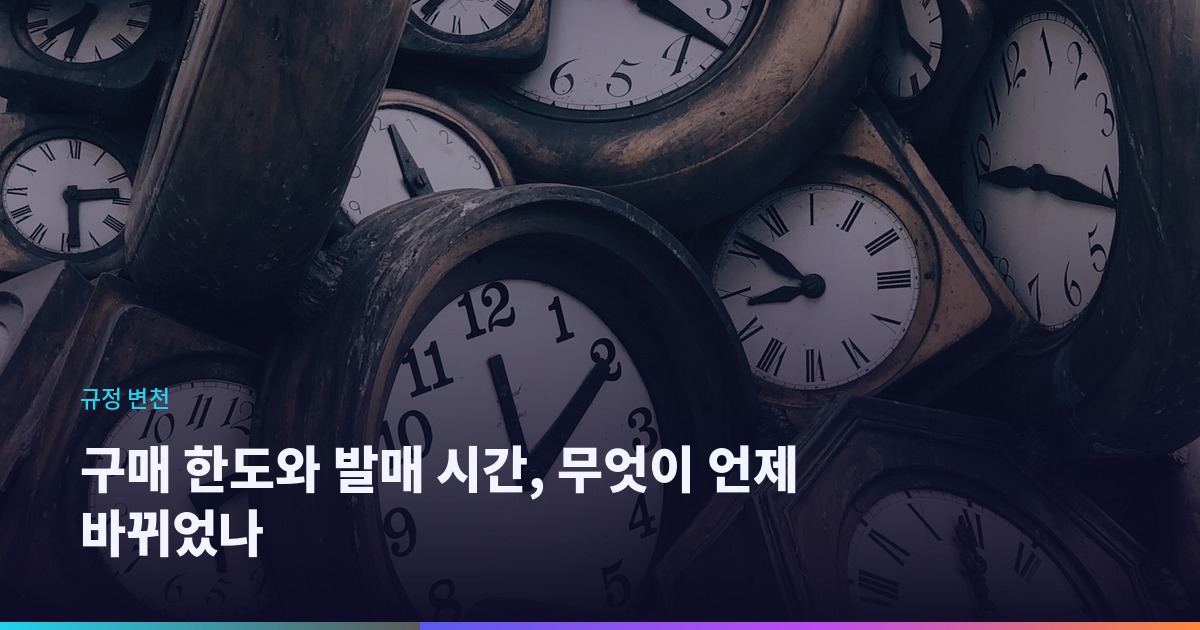 스포츠토토 구매 한도와 발매 시간 변화를 설명하는 배너 이미지, 여러 개의 시계